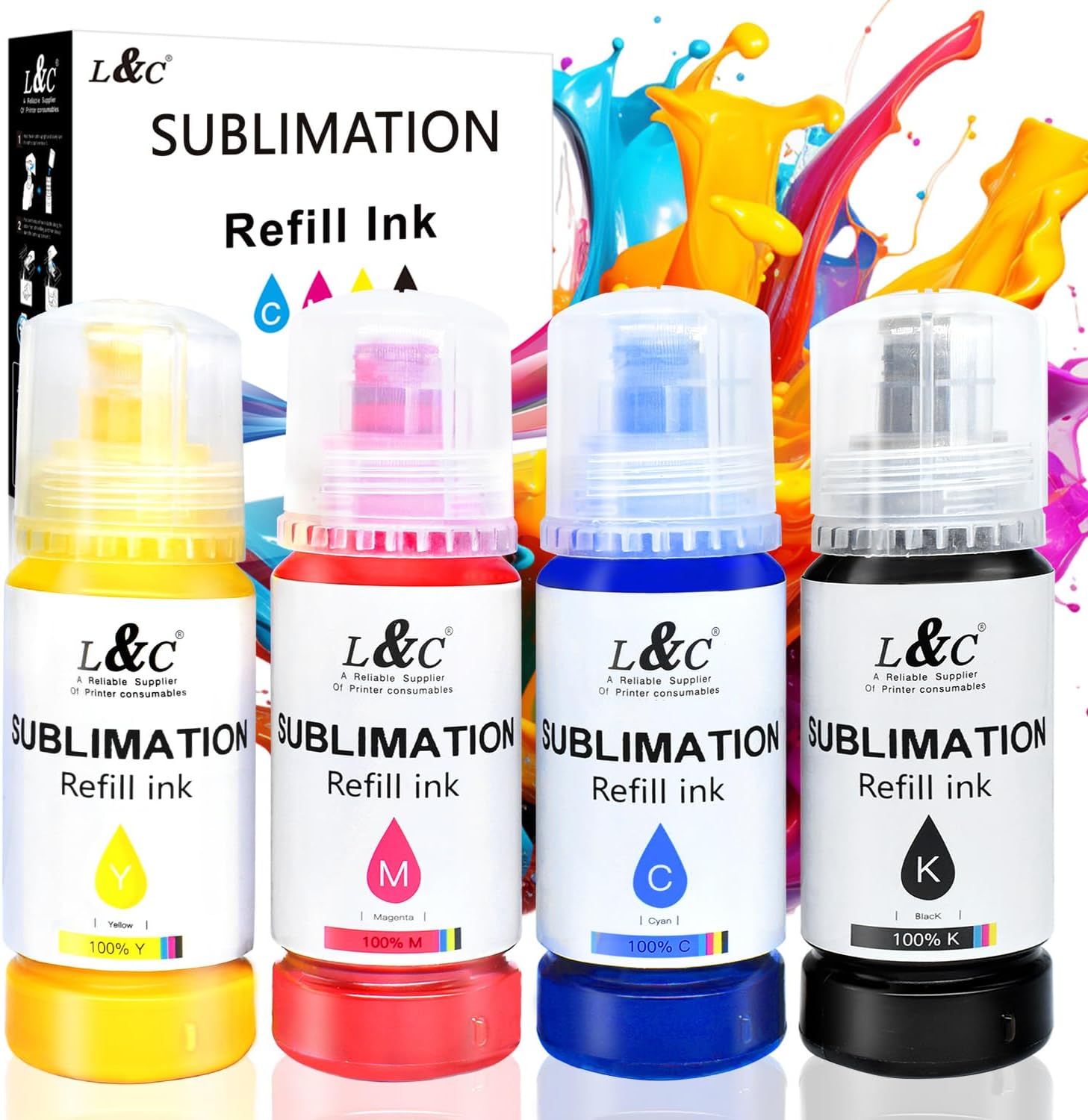 L&C Sublimation Ink for Eco Tank Printer, Sublimation Ink Refill Bottles Compatible for ET-1810 ET-2850 ET-2860 ET-2870 ET-2810 ET-2820 ET-15000 ET-14000 ET-4800 ET-2760 ET-2800 Printer（KCMY）