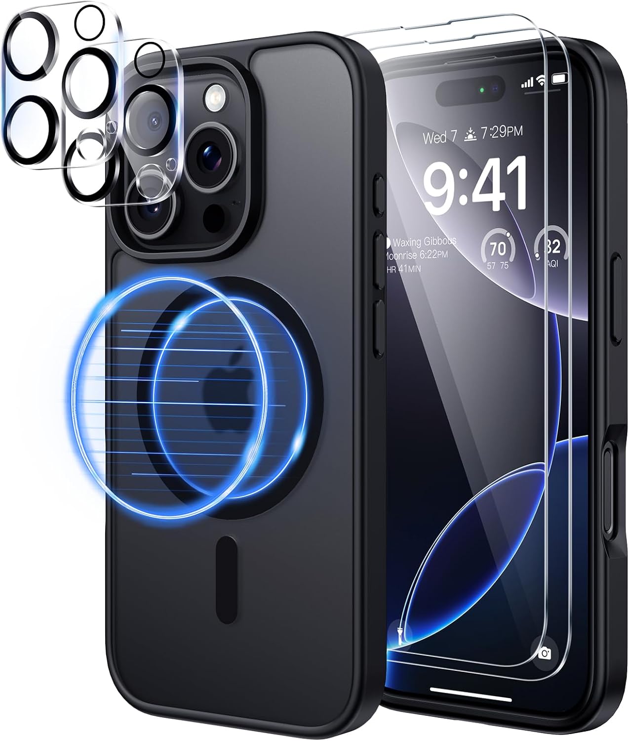 seacosmo 5 in 1 Magnetic for iPhone 16 Pro Max Case with 2X HD Screen Protector + 2X Camera Lens Protector, [15 FT Grade Protection] Shockproof Phone Cover for iPhone 16 Pro Max 6.9 Inch, Matte Black