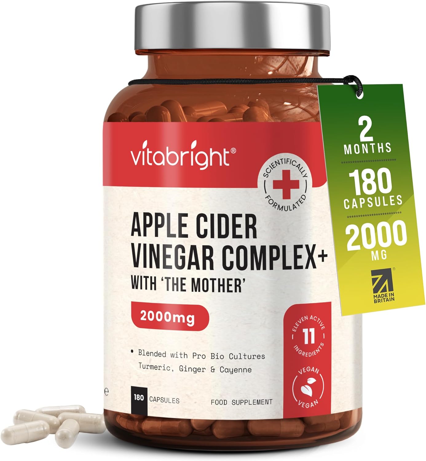 Apple Cider Vinegar with Mother 2000mg | 2 Month Supply | 180 Apple Cider Vinegar Capsules | ACV & Probiotics & Cayenne Pepper Capsules | Keto Tablets Alternative to Gummies | VitaBright ACV Complex