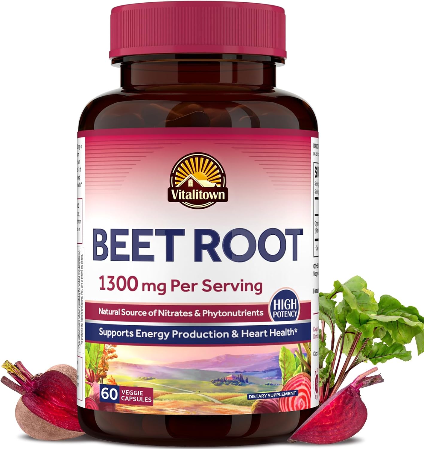 Vitalitown Beet Root Capsules 1300 mg with Organic Beet Root, Natural Nitric Oxide Booster, Superfood for Healthy Heart & Energy Levels, High Potency Supplement, 60 Vegan Capsules, Non-GMO