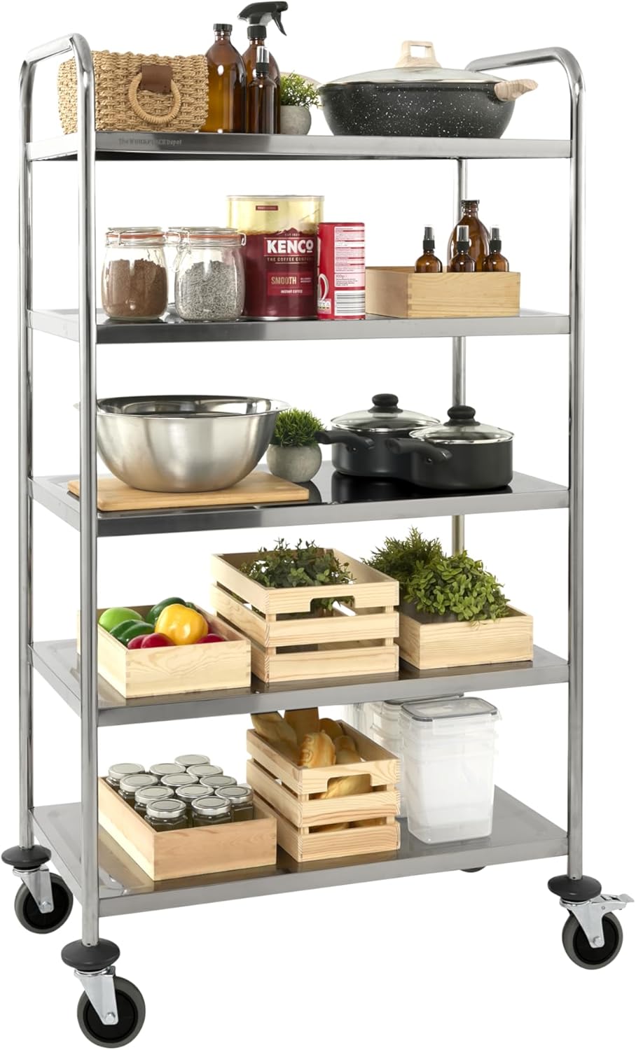 The Workplace Depot Stainless Steel Shelf Trolley – 5-Tier Catering Trolley with Braked & Swivel Castors, 225kg Load Capacity – Ideal for Professional Kitchens, Catering & Warehousing