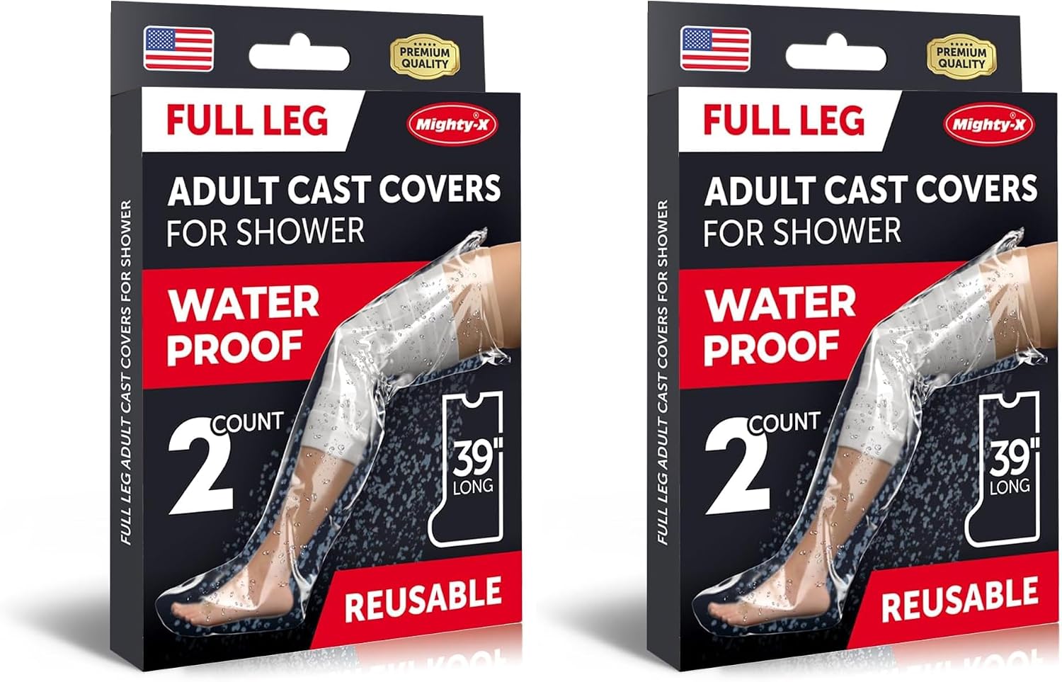 100% Waterproof Leg Cover for Shower - 2pk - Tight Seal - Reusable Adult Full Leg Cast Protectors - Knee, Ankle, Foot - After Surgery Bandage and Dressing Cast Bag for Wounds and Burns (Pack of 2)