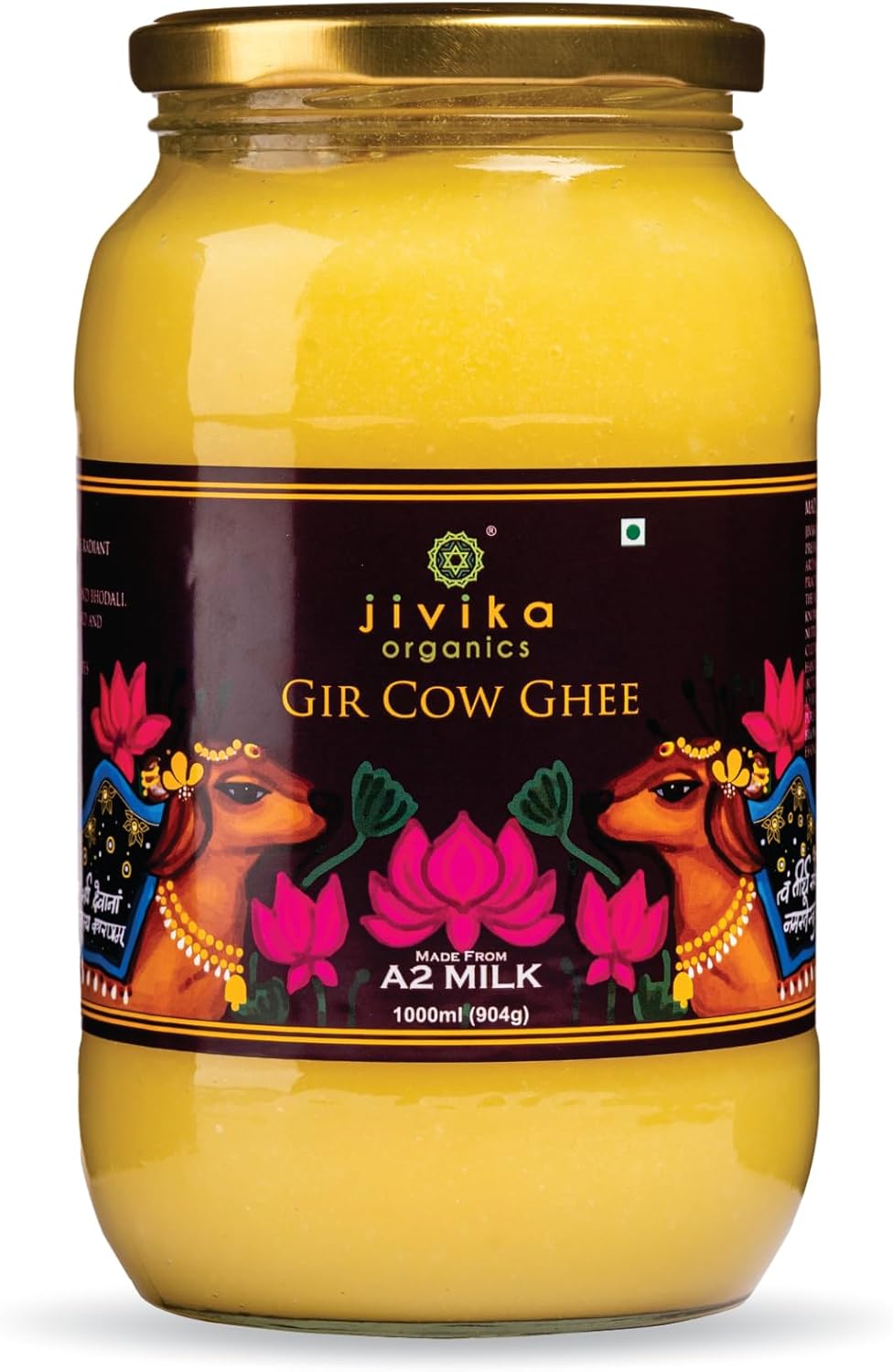 Jivika Premium A2 Gir Cow Ghee 1Ltr|A2 Milk Tested|Vedic Bilona Method|Lab Tested|Pure Desi Cow Ghee|Hand Churned Two-Way Direction|Churned From Curd|Pure Ghee|Danedar|Glass Jar,1.1 Kilograms