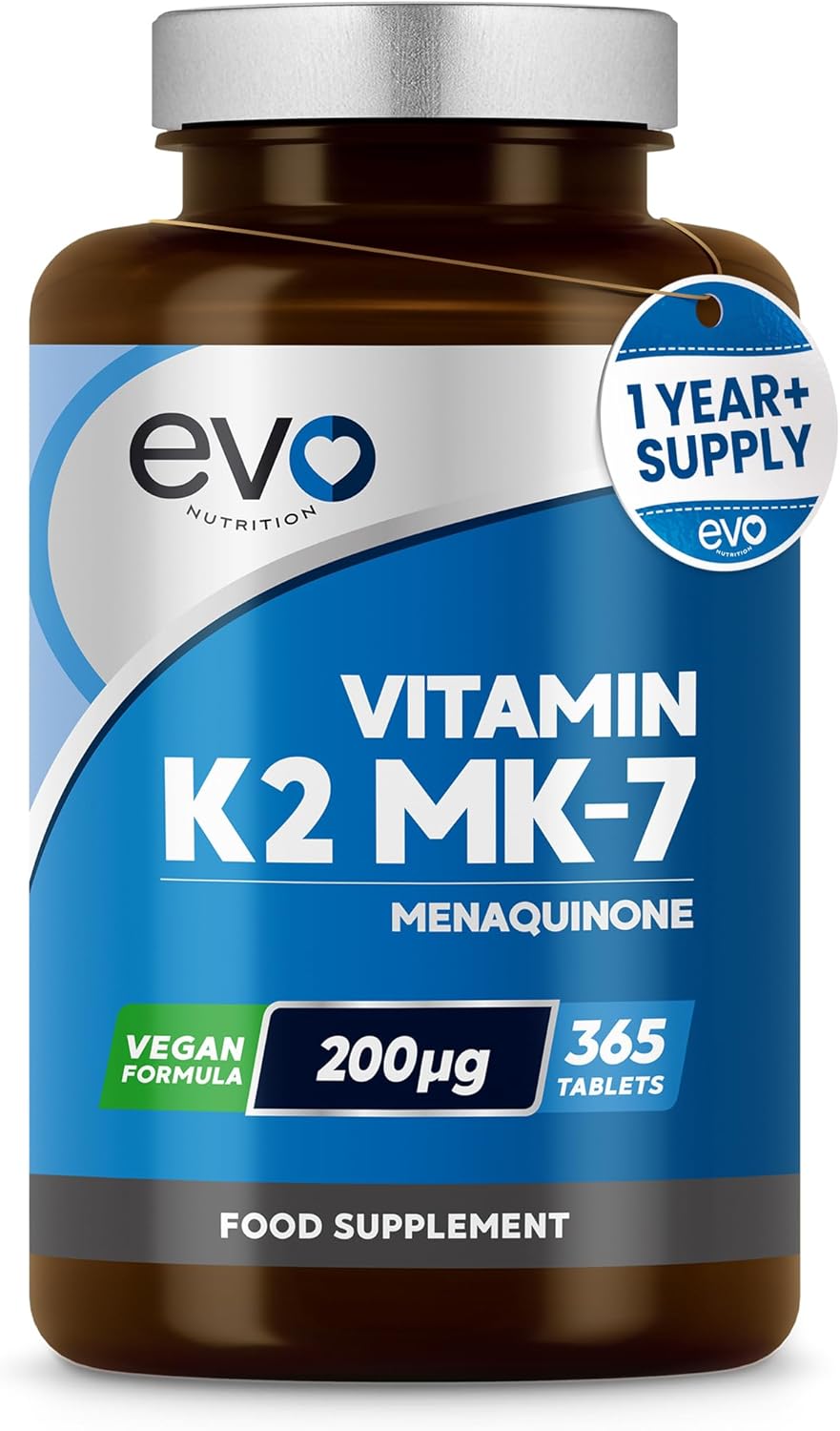 EVO NUTRITION Vitamin K2 MK-7 200mcg | 365 Vegetarian and Vegan Tablets (not Capsules) | 1-A-Day | Supports Maintenance of Normal Bones | One Years Supply of High Strength Vitamin K2 Menaquinone MK7