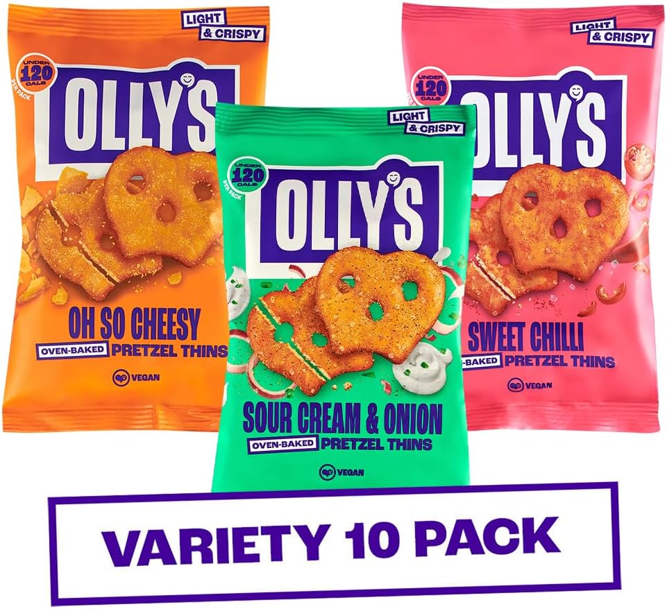 Olly's Pretzel Thins, New Variety Pack, 35g (Pack of 10), x4 Sour Cream, x3 Sweet Chilli & x3 Cheesy, Low Calorie Snacks, Low Fat, Source of Fibre, No Preservatives