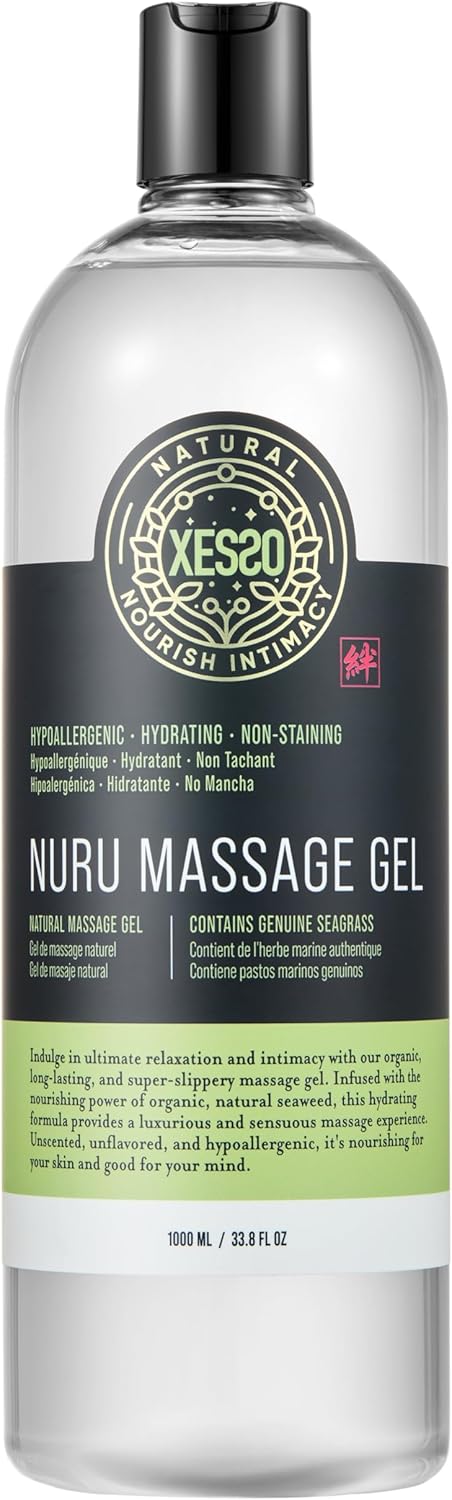 XESSO Nuru Massage Therapy Gel 33.8 Fl Oz, Waterbased Concentrate for Full-Body Massage, Unscented Non-Staining for Sore Muscles & Dry Skin, Seaweed & Grape Seed Extract Enriched, Made in USA