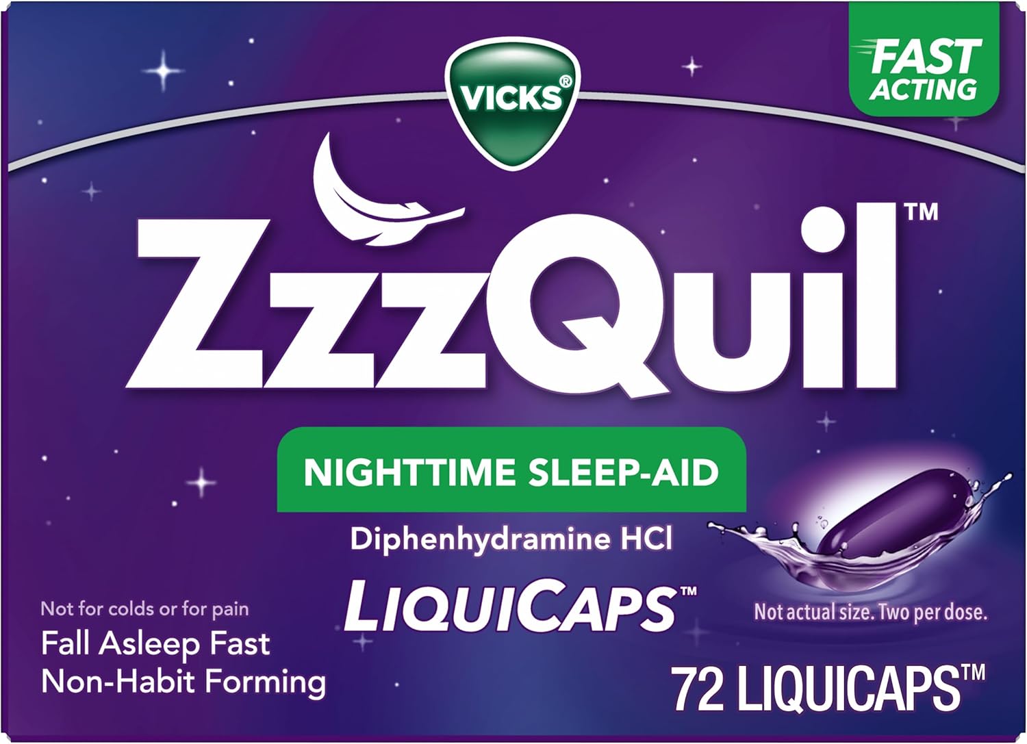 ZzzQuil LiquiCap Sleep Aid, Diphenhydramine 25mg HCl, Sleep Aids for Adults, Nighttime Sleep Aid, 72 LiquiCaps