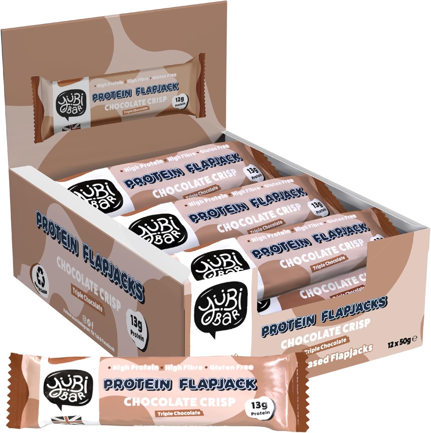 YuBi Protein Flapjacks - Chocolate Crisp, 12 Bar Box, Protein Bars, 13g Protein, High Fibre, 3.7g of Sugar, Gluten Free and Dairy Free, 12x50g