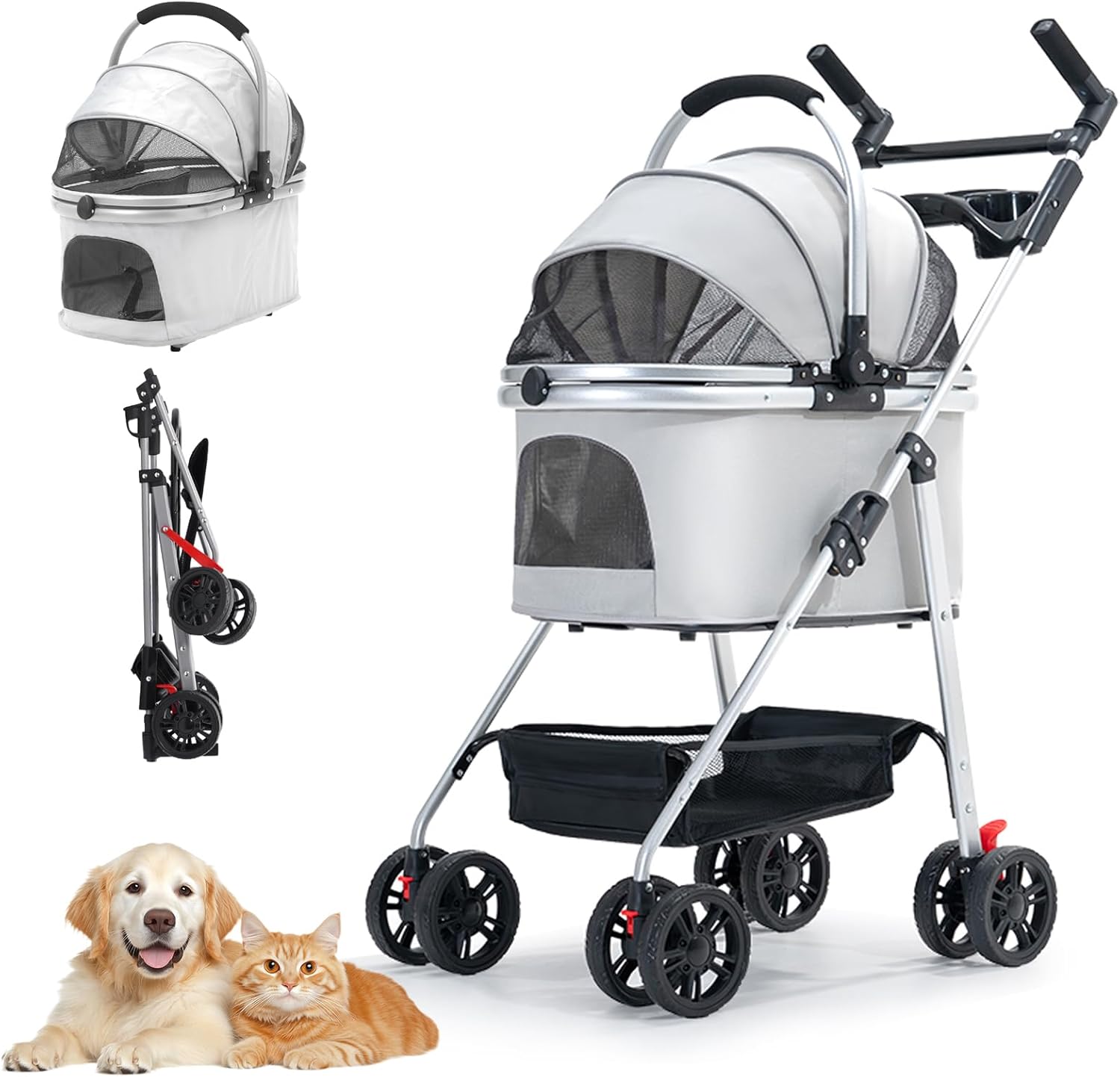 Pet Stroller 3-in-1,Foldable Cat Dog Strollers for Medium Dogs 20KG,Pet Travel Dog Stroller Pushchair with Detachable Carrier Car Seat,Storage Basket,Storage Bag and Food Tray