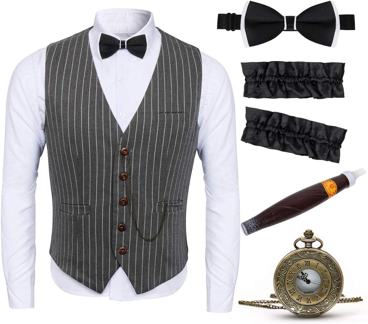 AMNPOLEN 1920s Gangster Gatsby Costume Vest Accessories Set Armband Tie Fake Cigar Watch