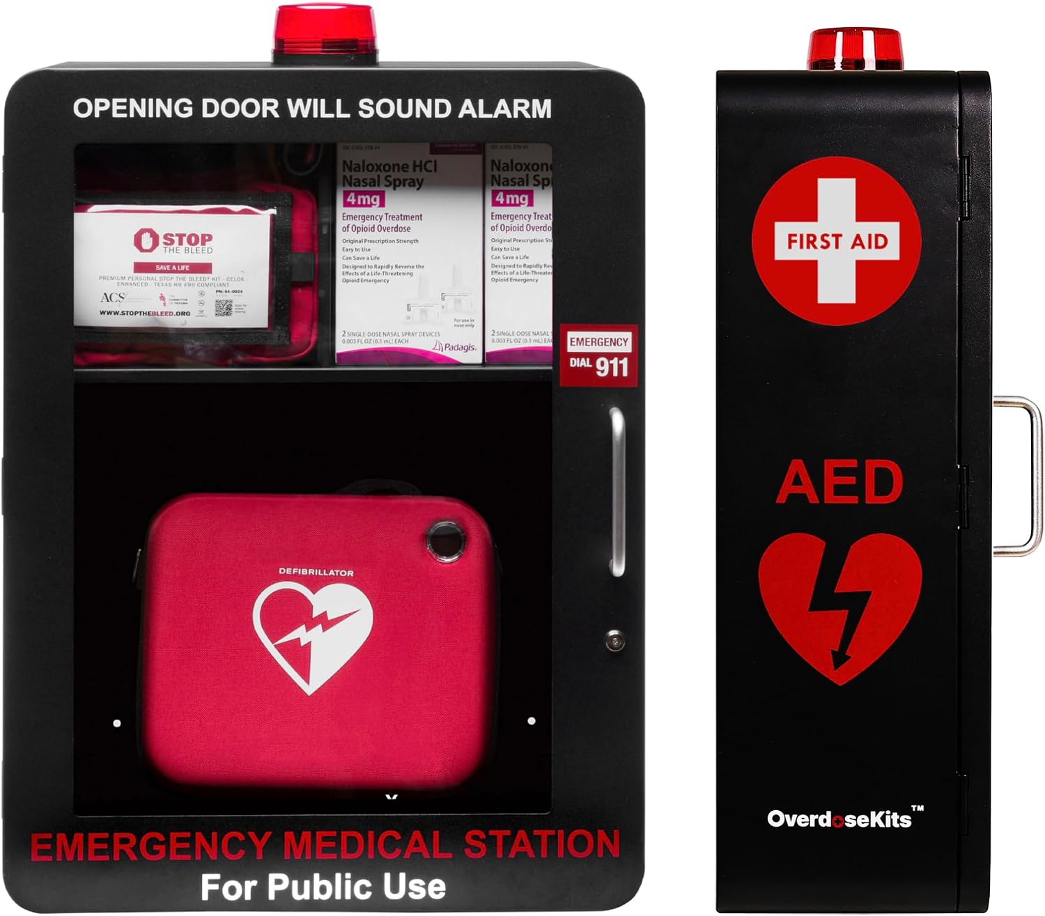 Emergency Medical Station – Wall Mount Cabinet for AEDs, Naloxone, Bleeding Control & First Aid Kits – Public Space Storage Solution – Black, Medium (AED & Accessories Not Included)