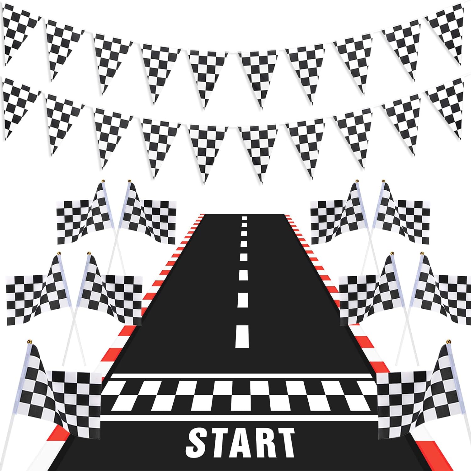Tatuo Racing Car Party Decorations Supplies 6.6 x 2 ft Long Racetrack Floor Running Mat 6.6 Feet Checkered Racing Pennant Banner 10 Pcs Checked Race Flags with Stick for Birthday Race Car Party Decors