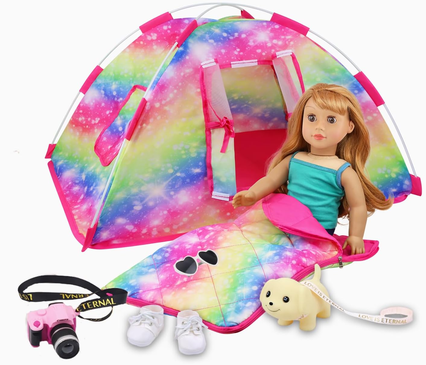 ZITA ELEMENT 7Pcs18-inch Girl Doll Pink Camping Set, Cute Clothing & Accessories, Gifts for Kids in Easter, Birthday, Christmas (Doll Not Included