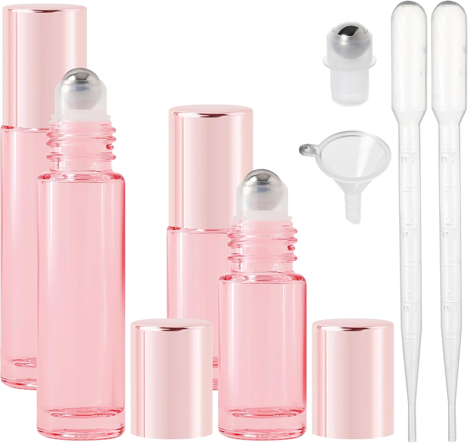Essential Oil Roller Bottles, 4PCS (10ml & 5ml) Glass Perfume Roller Bottles with Funnel Opener and Dropper Beauty and Personal Care Tools (Pink, 4 Packs)