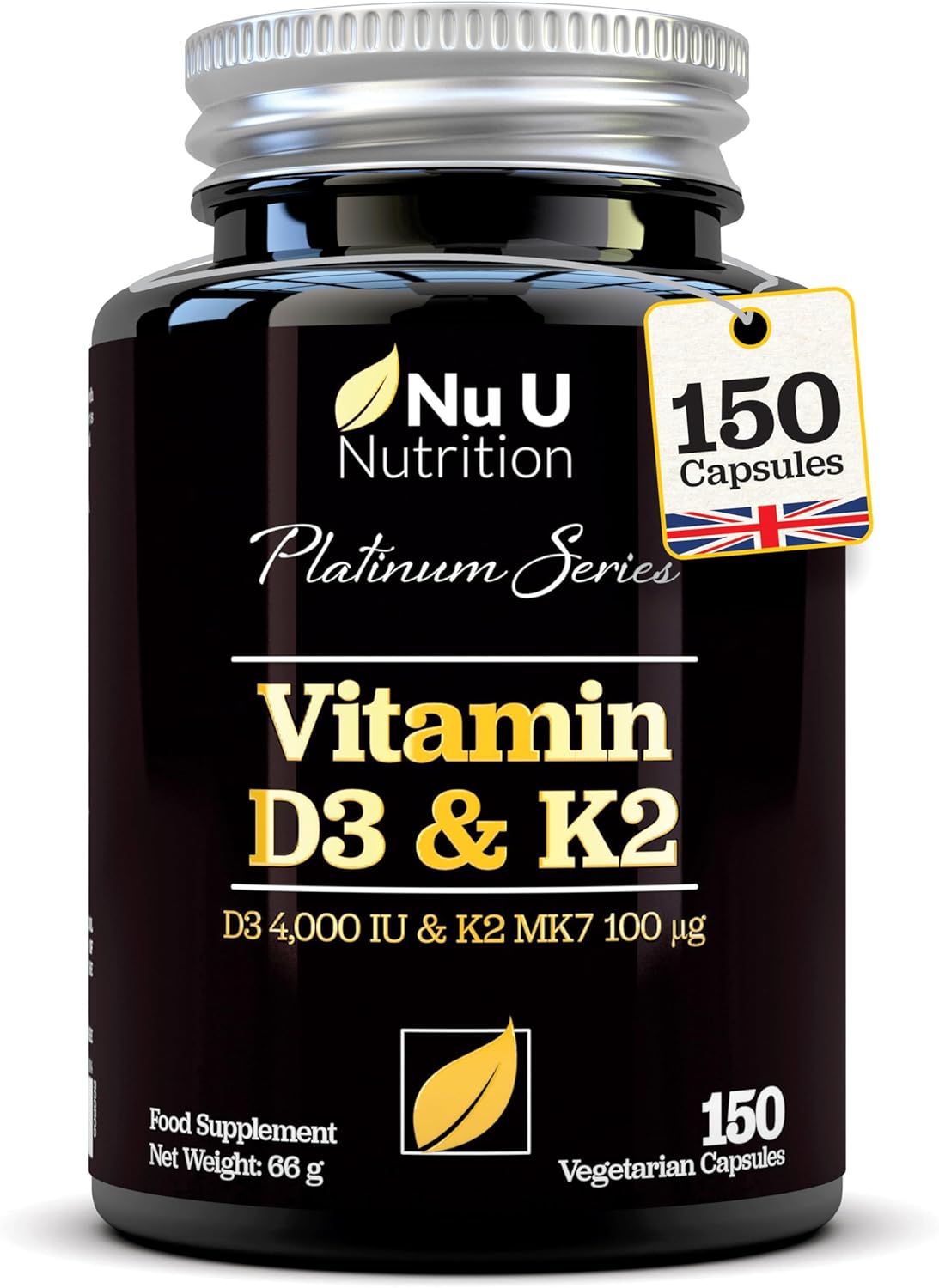 Vitamin D3 4000 IU and Vitamin K2 MK7 100μg - 150 Vegetarian Capsules - 5 Month Supply - High Strength Vitamin D K2 Supplement - Made in UK - Nu U Nutrition