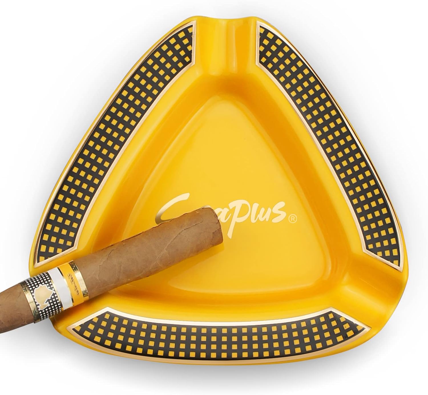 Cgaplus Cigar Ashtray Triangle Classic Ceramic Large Ashtray for Outdoor Home Office(Yellow)