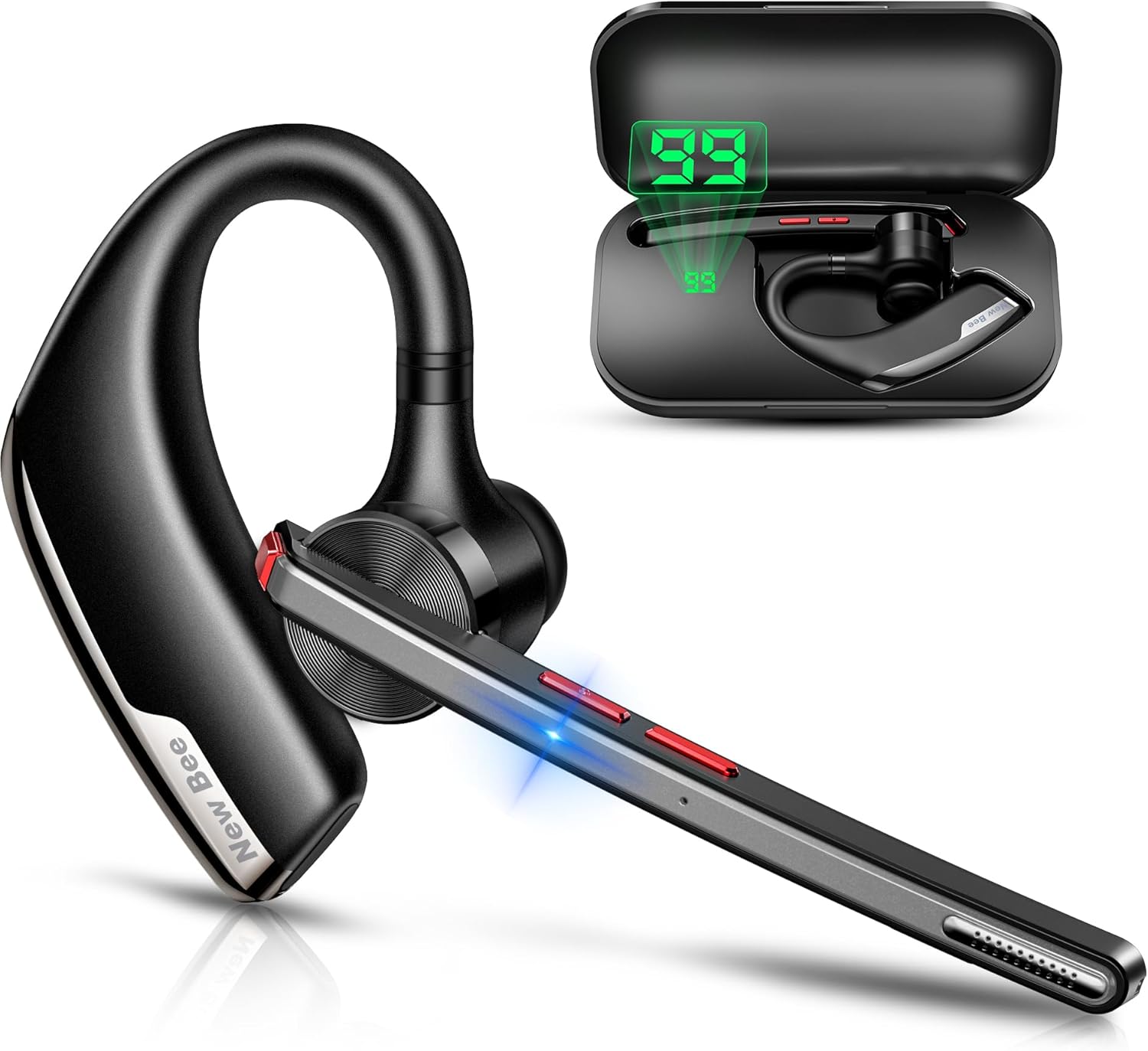 New bee Bluetooth Headset V5.2, Bluetooth Earpiece Handsfree with Dual ENC Mic Mute, Single Headset Wireless Earpiece 24 Hrs Talk 180 Days Standby for Driving/Business/Office with Android iOS Laptop