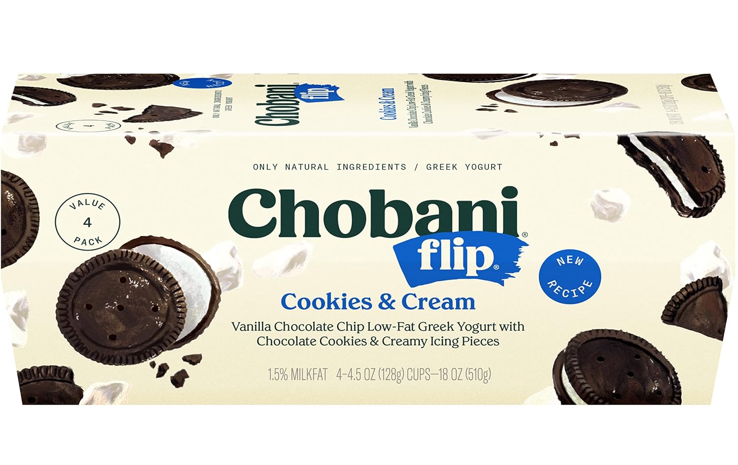 Chobani, Flip, Low-Fat Greek Yogurt Cookies & Cream, 4.5oz, 4Pk
