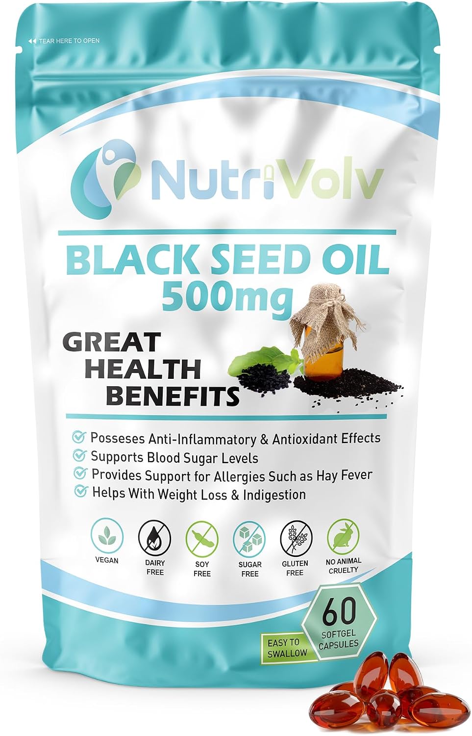 Nutrivolv Black Seed Oil 500mg | 60 Vegan Softgels | Pure Cold-Pressed Nigella Sativa Seeds | Thymoquinone | Antioxidants | Immune Support | Skin & Hair Health | Joint & Heart Health