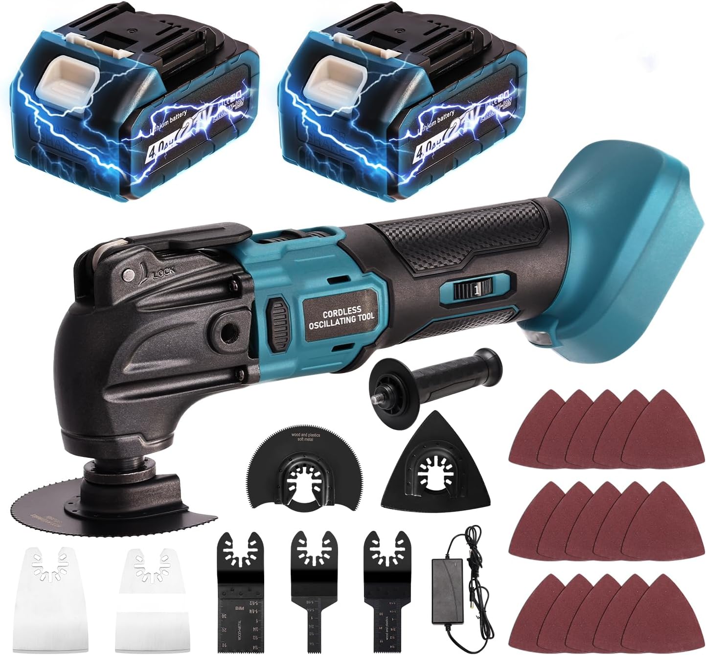 Oscillating Multi-Tool, Cordless Multitool 4° Oscillation Angle, 6 Variable Speed Oscillating Multi-Tool with Saw Accessories for Cutting Grinding (with 2 Batteries)