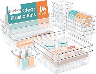 16 PCS Drawer Organizer Set, 5 Varied Size Bathroom and kitchen Drawer cabinet organizer Trays, Clear Storage Bins for Makeup, Jewelry, Utensils and Gadgets