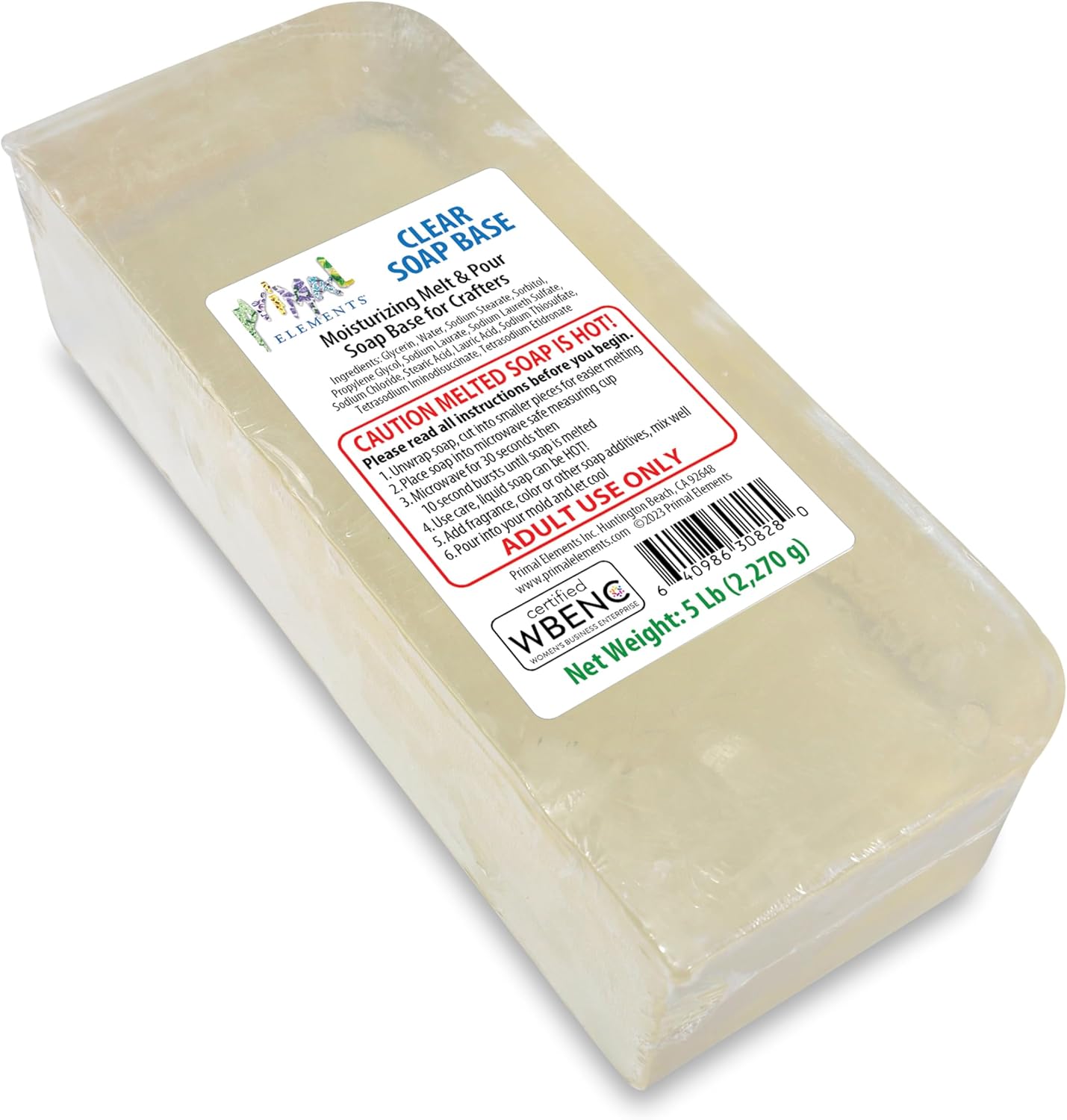 Primal Elements Clear Soap Base - Moisturizing Melt and Pour Glycerin Soap Base for Crafting and Soap Making, Vegan, Cruelty Free, Easy to Cut, Unscented - 5 Pound
