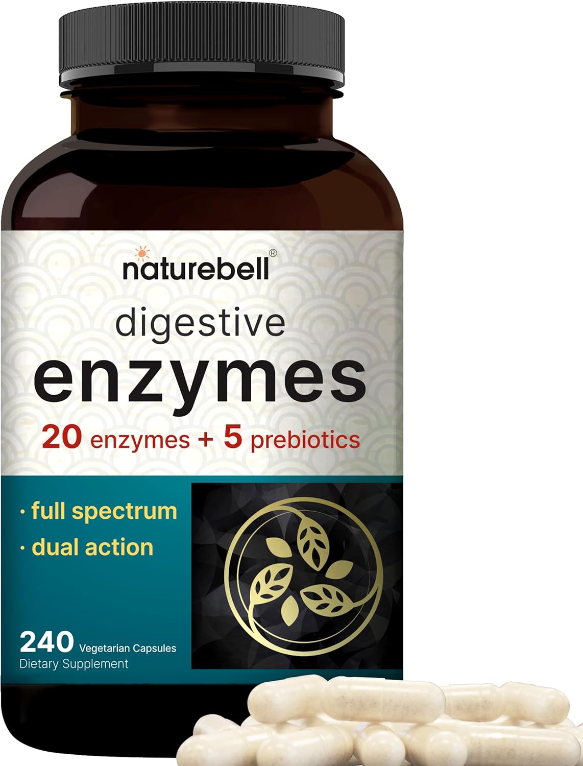 NatureBell Digestive Enzymes with Probiotics and Prebiotics | 240 Veggie Capsules - 20 Enzyme & 5 Prebiotic Pancreatic Enzyme Complex – Bloating Relief for Women & Men, Non-GMO, Vegan Friendly