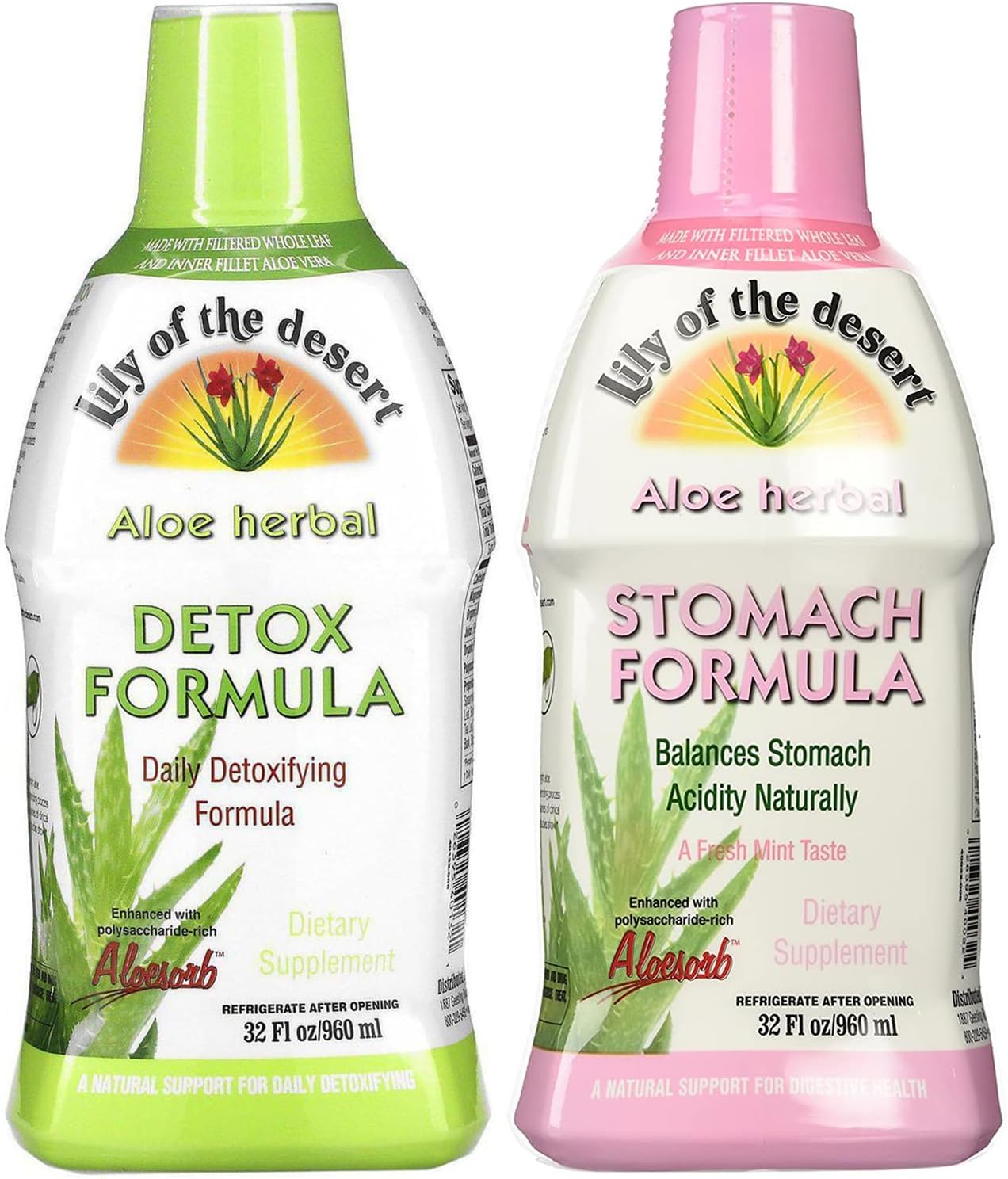 Lily Of The Desert Stomach Formula & Detox Formula Variety 2-Pack – Aloe Vera and Herbs for Gut Health, Liver Detox, Heartburn Relief, 32 Fl Oz Ea