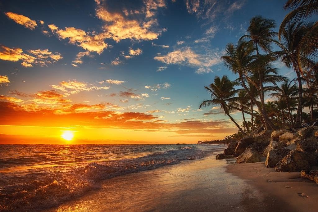 Sunset Over Tropical Beach Palm Tree Ocean Photo Photograph Setting Sun Island Poster Nature Scene Palm Tree Scenic Relaxing Calm Sea Sand Beautiful Cool Wall Art Print Poster 24x16