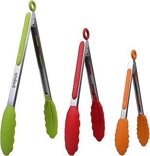 Popco Silicone Tongs for Cooking - Kitchen Tongs Set of 3 (7, 9, 12 inches) - Stainless Steel BBQ Tongs with Silicone Tips for Cooking, Grilling, Serving - Non-Stick, Heat-Resistant, Dishwasher Safe