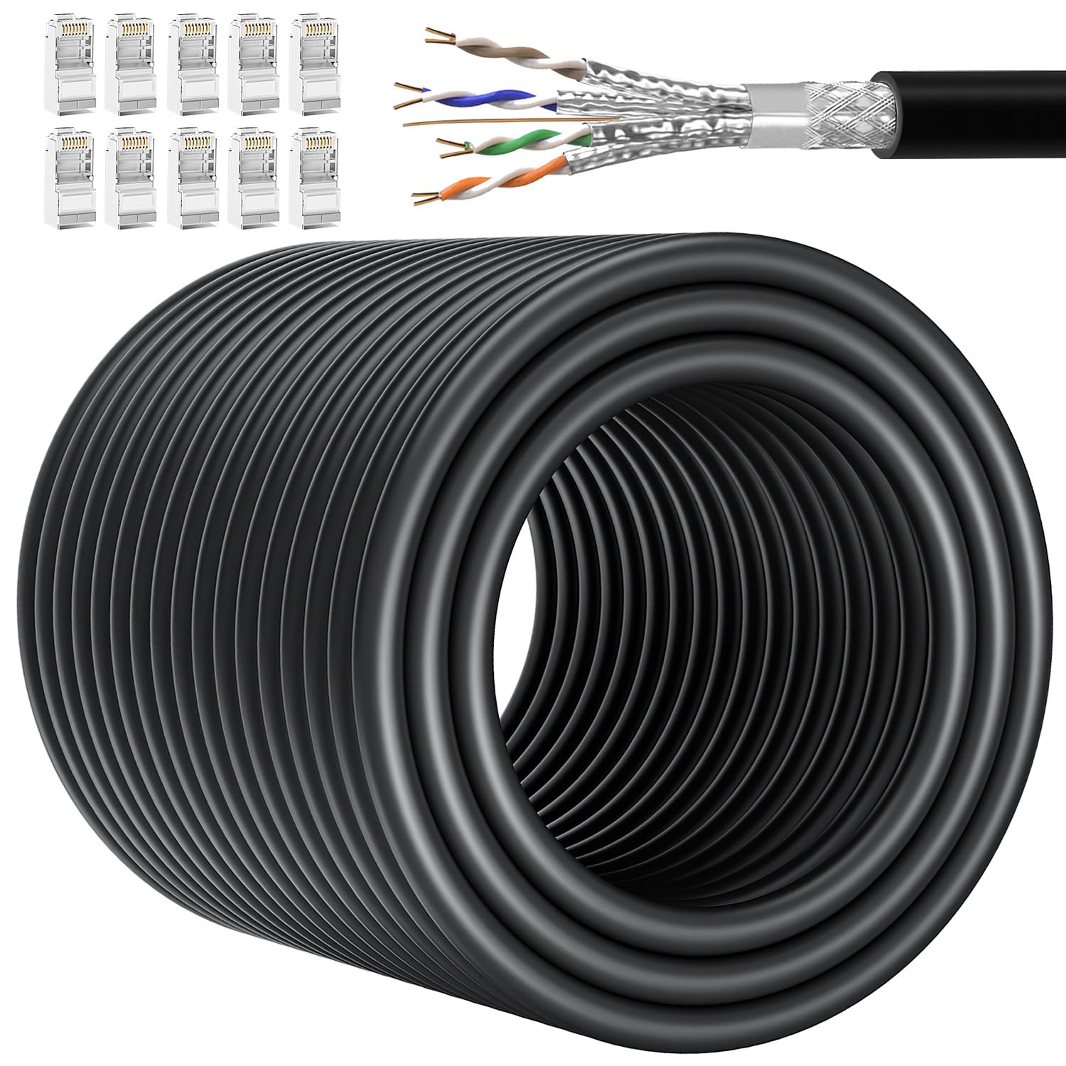 Cat 7 Outdoor Ethernet Cable Bulk 100M/328ft (10 RJ45), SFTP Triple Shielded Cat 7 Ethernet Cable Direct Burial, High Speed 10Gbps, Waterproof, UV Resistant, 24AWG, Cat 7 Internet LAN Cable 300ft+