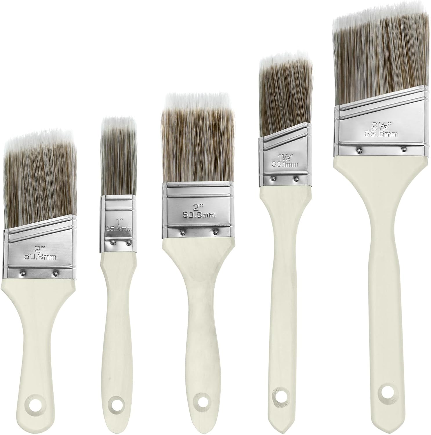Ainiv Paint Brush Set, Wood Stain Brush Pack, Wood Handle, House Paintbrushes, Angle Sash Paint Brush Set for Wall Trim, House Touch-ups, Furniture Painting, Interior & Exterior Painting - Set of 5
