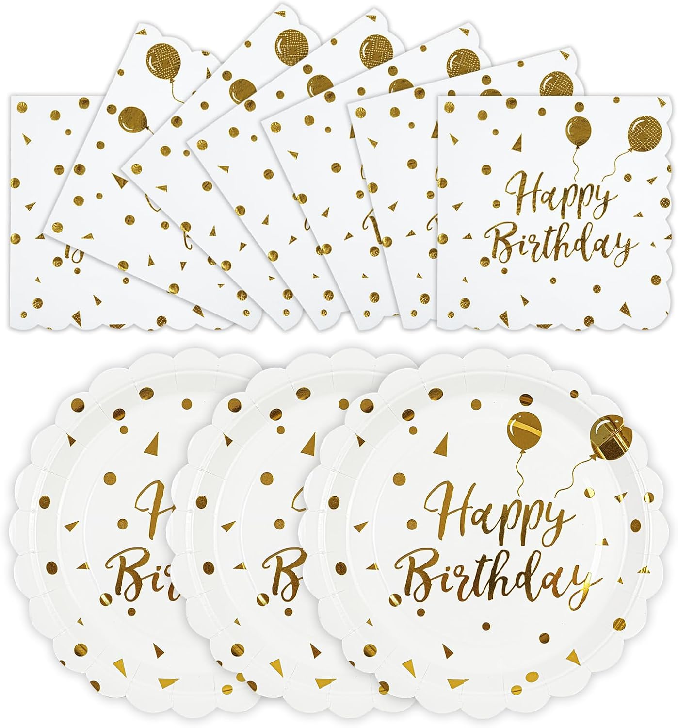 HFBOBP 50PCS Happy Birthday Paper Plates and Napkins, 7 Inch White and Gold Scalloped Cake Dessert Plates Disposable Tableware Party Supplies Decorations