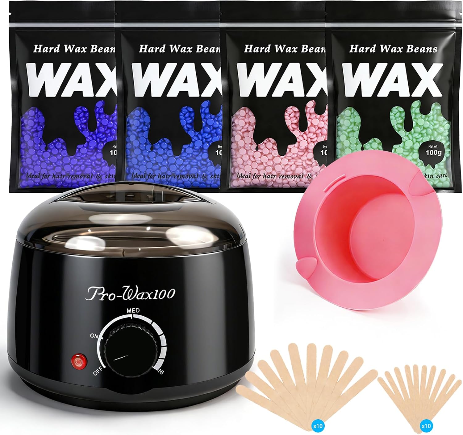 Hair Removal Waxing Kit Wax Heater Wax Warmer with 4 Packs of Hard Wax Beads 20 Spatulas,5 Bowl,Painless at Home Wax Kit Hair Removal Kit with Handle Pot 500ml for Paraffin Soft Wax Cream