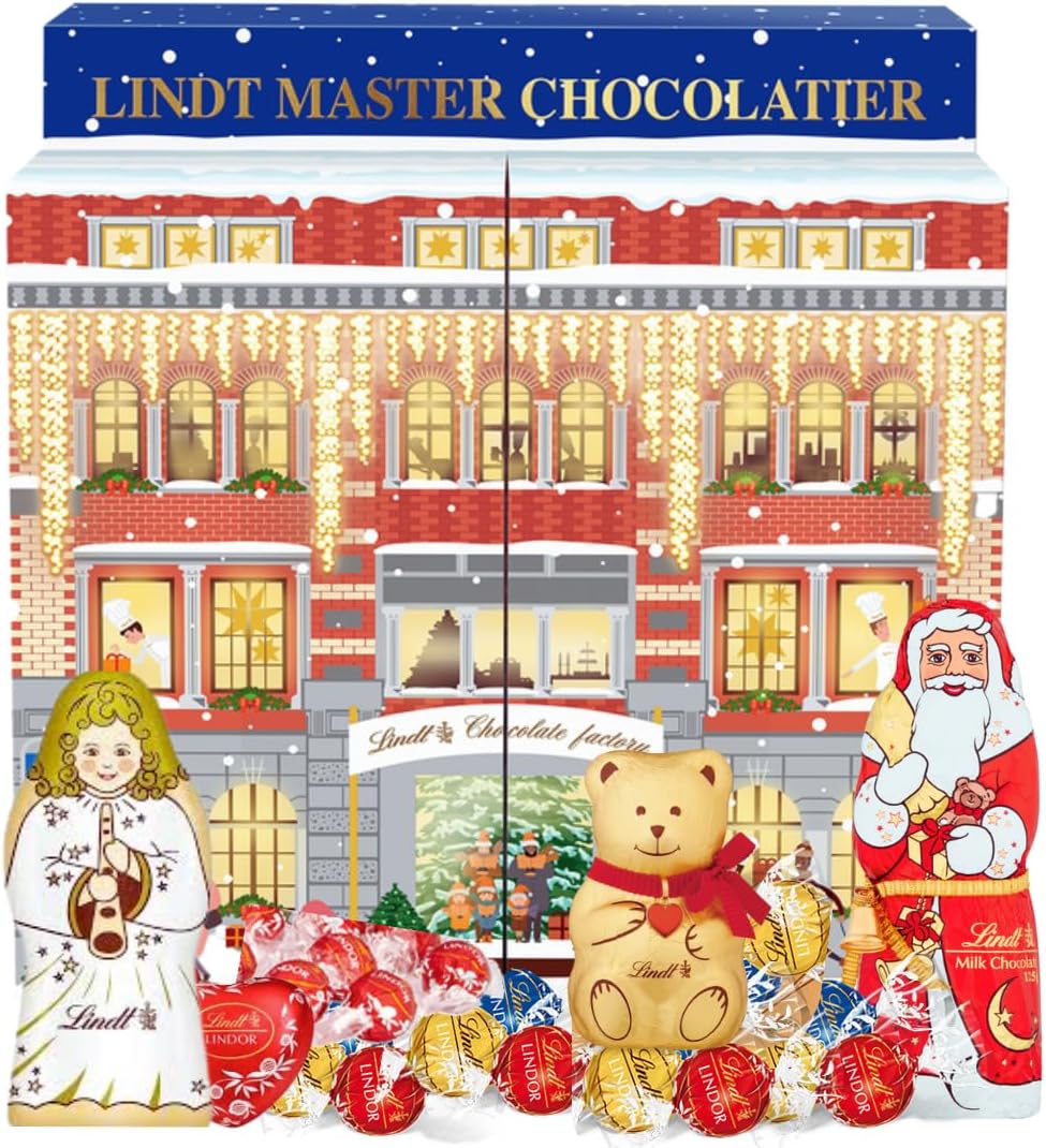 Christmas Advent Calendar 2024 - Linddt Advent Chocolate Factory - Dark/Milk/White Lindor Truffles, Gold Teddy/Santa, Linddt Advent Calendar 304 g - Chocolate Gift for Kids/Adults