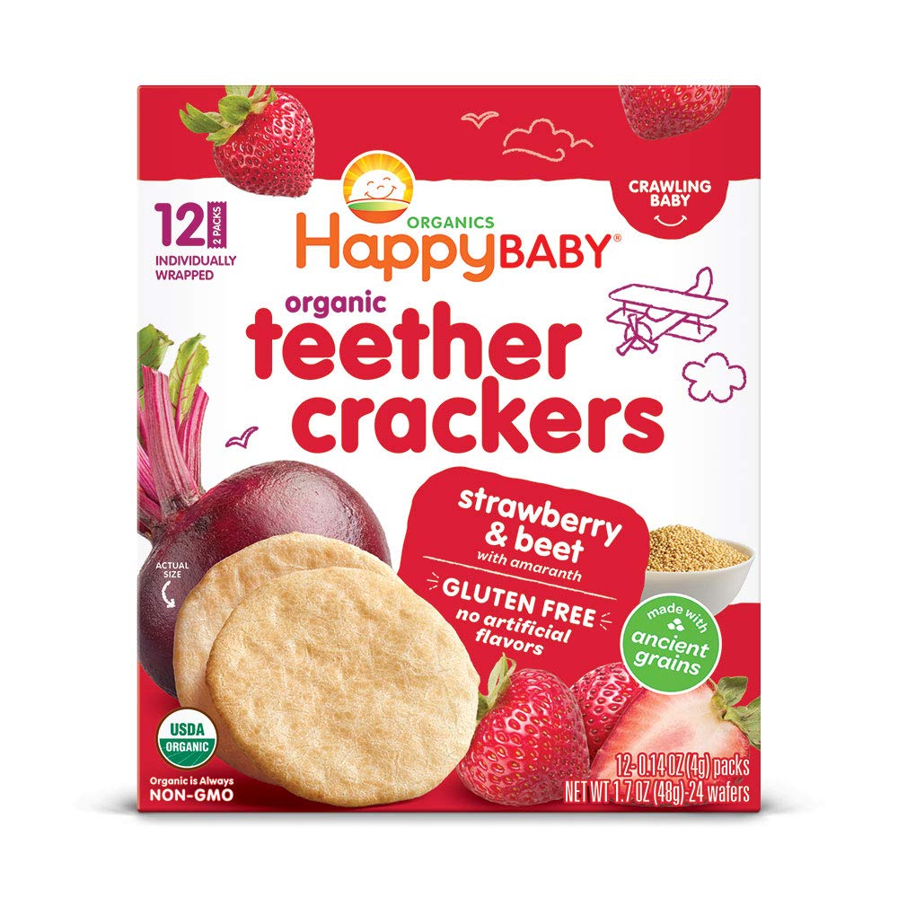 Happy Baby Organics Baby Snacks, Gentle Teething Crackers, Gluten Free & Vegan, Strawberry & Beet, 12 Count (Pack of 6)