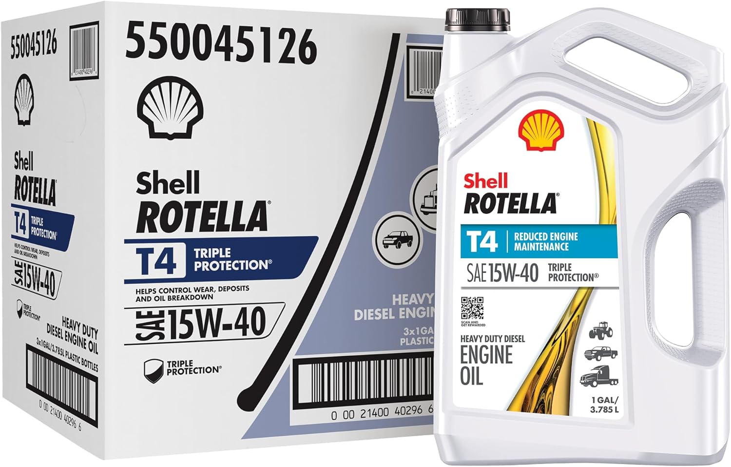 Shell Rotella T4 Triple Protection 15W-40 Motor Oil, 1 Gallon (3 Pack)
