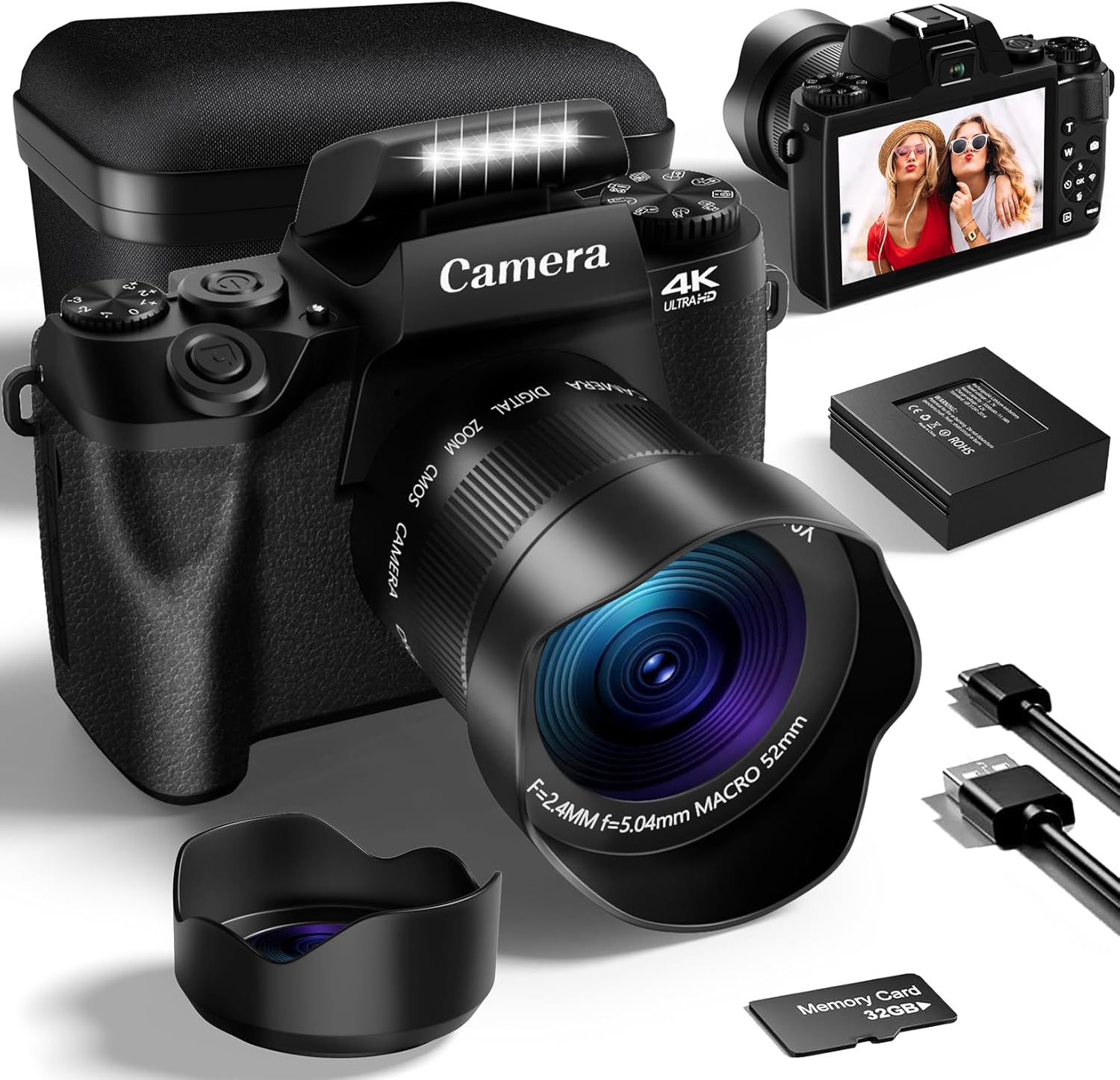 VJIANGER 2024 Upgrade 4K Digital Camera for Photography with 32GB SD Card, 64MP Vlogging Cmaera for YouTube with Front and Rear Camera, Case, WiFi, 3000mAh Battery, 4.0" Touch Screen(Black)