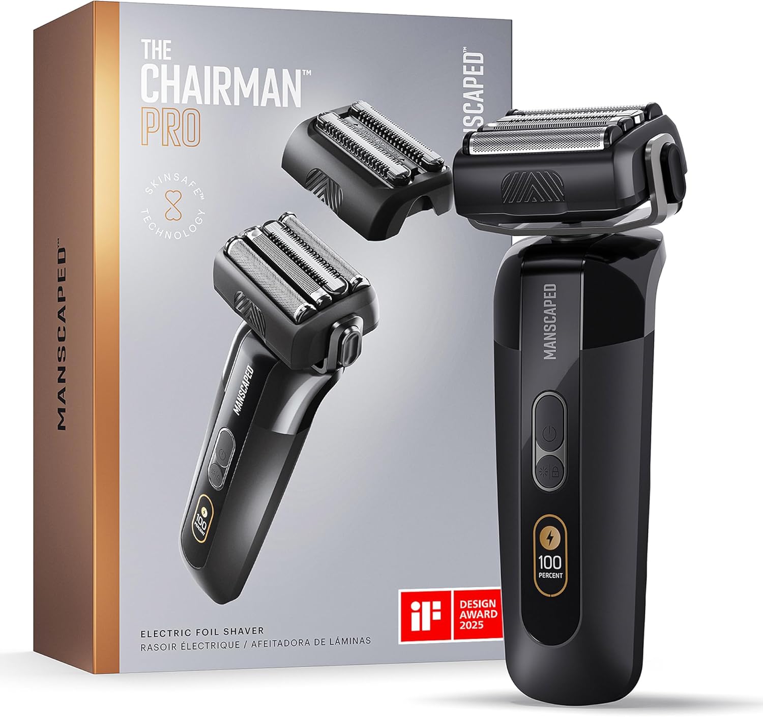 MANSCAPED® The Chairman™ PRO Men’s Electric Foil Face Shaver - Two Interchangeable Blade Heads, SkinSafe® Four-Blade Foil & Stubble Trimmer, USB-C Wireless Compatible Charging, Gentle on Neck