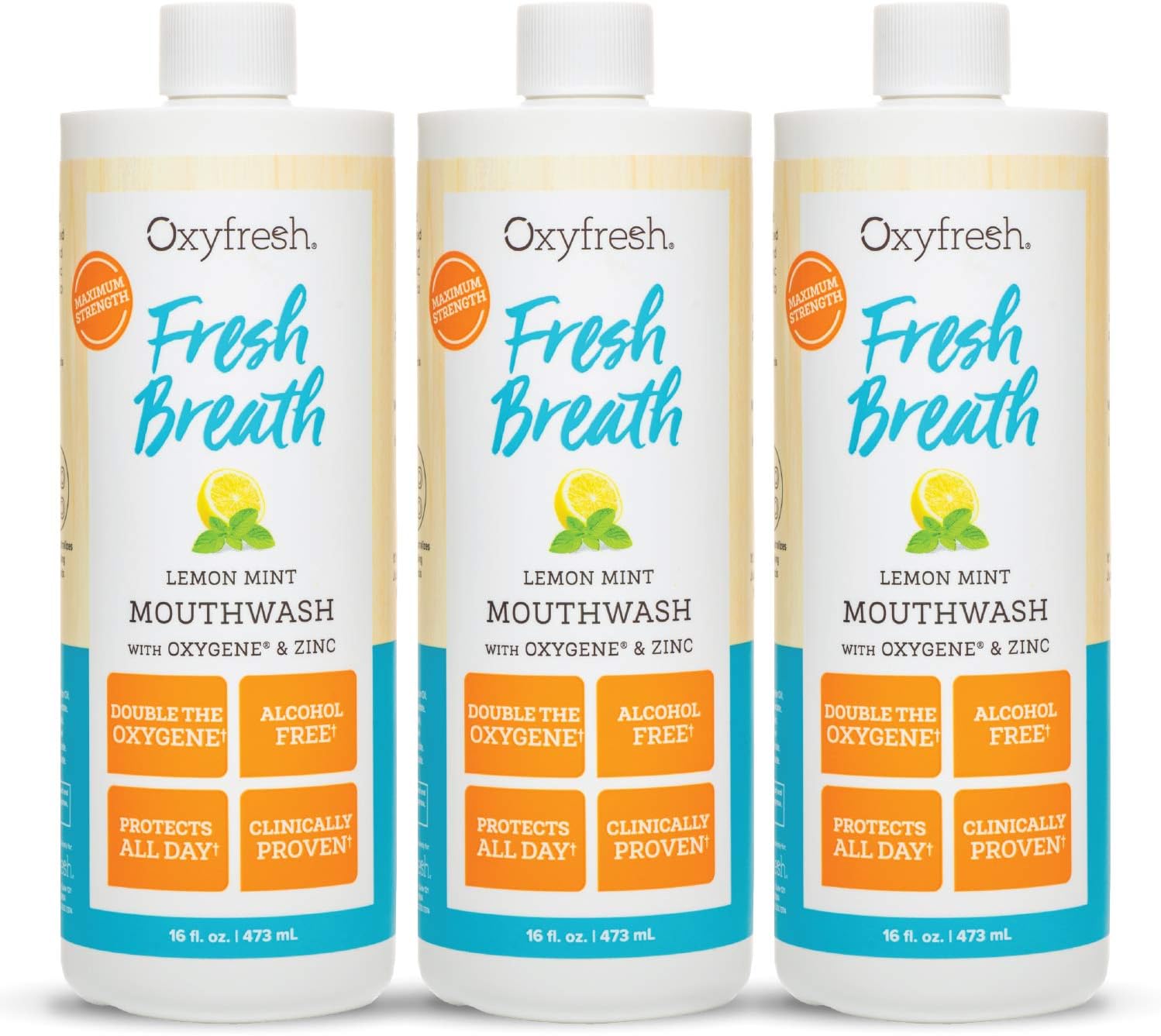 Oxyfresh Premium Lemon Mint Fresh Breath Mouthwash – Oral Rinse for Bad Breath – SLS & Fluoride Free Mouthrinse – Alcohol Free, Gentle Non Burning Mouthwash with Xylitol & Essential Oils, 3 Pack 16 oz