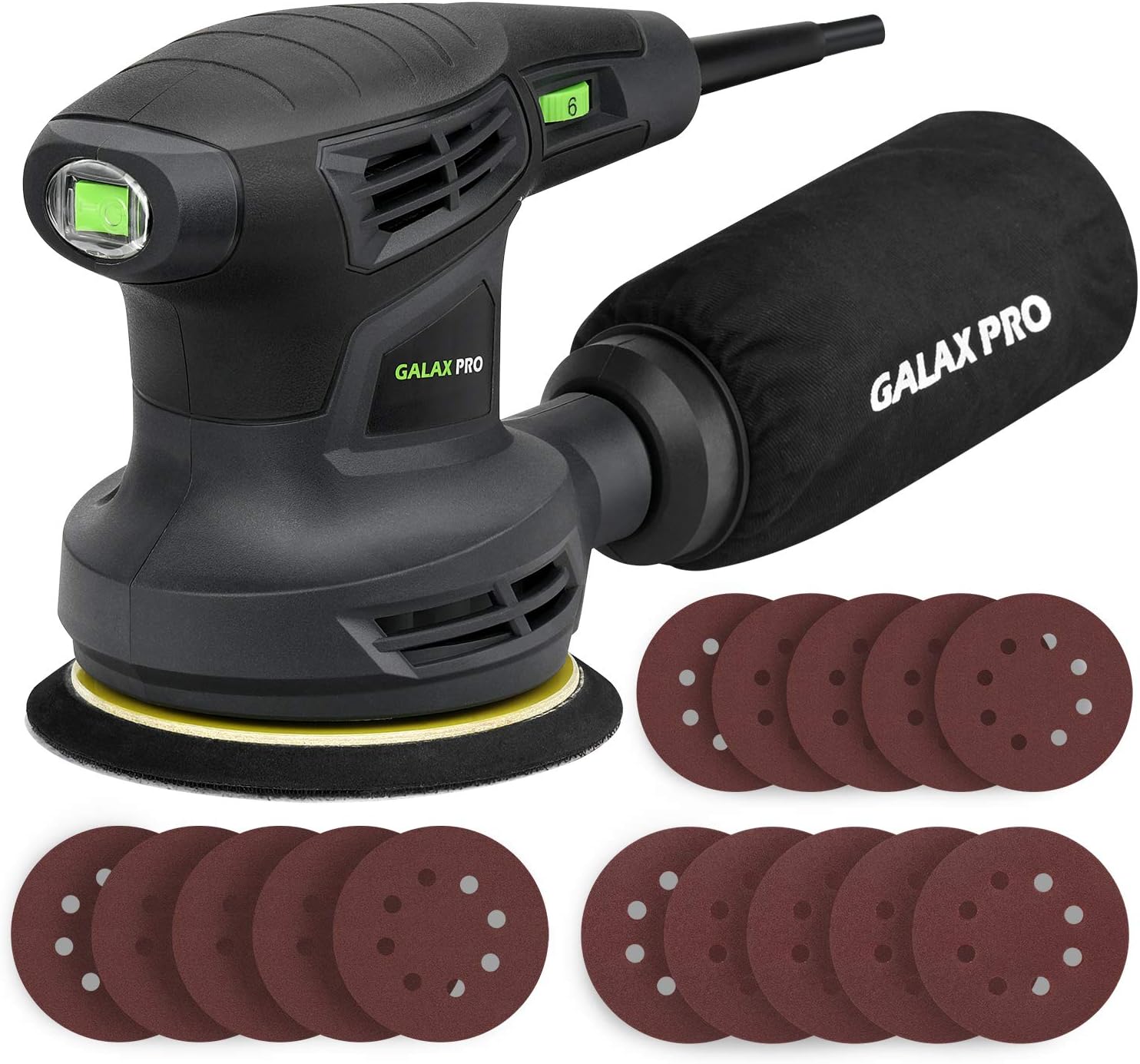 GALAX PRO 280W 13000OPM Max 6 Variable Speeds Orbital Sander with 15Pcs Sanding Discs, 5” electric Sander with Dust Collector for Sanding and Polishing