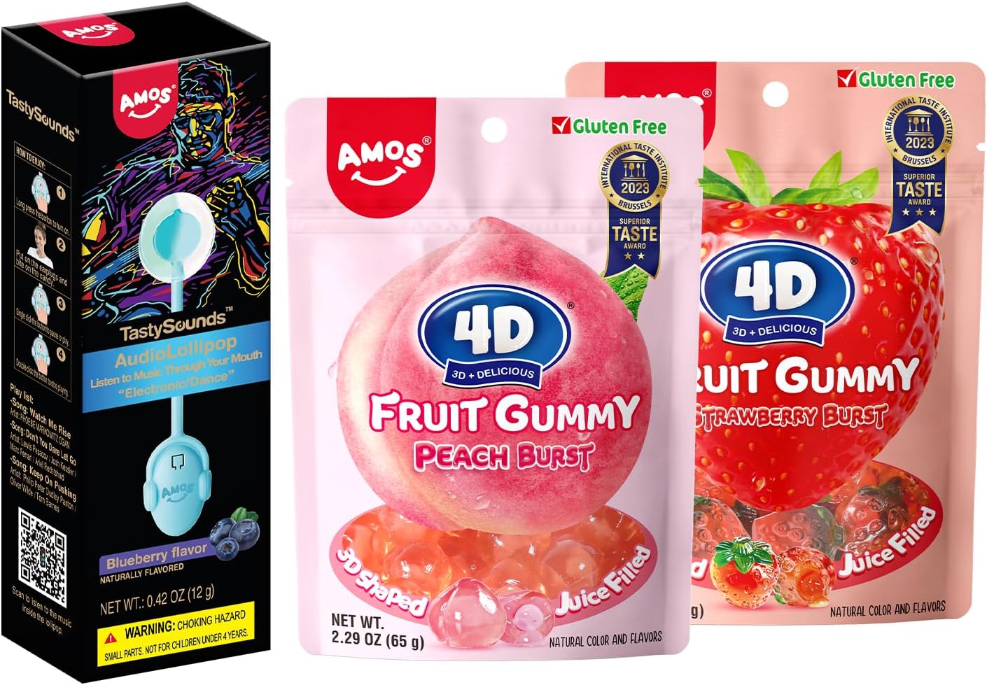 Amos Music Lollipop Blueberry and 4D Gummies Peach & Strawberry Sweets, Natural Flavor Perfect Party Favor Novelty Gift For Him Or Her