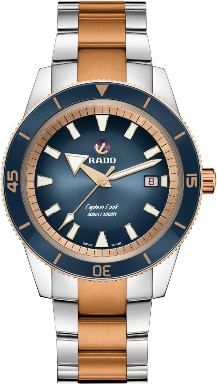 Rado Captain Cook Automatic Blue Dial, Date Display, Super Luminova Indexes and Rose Gold and Silver Bracelet