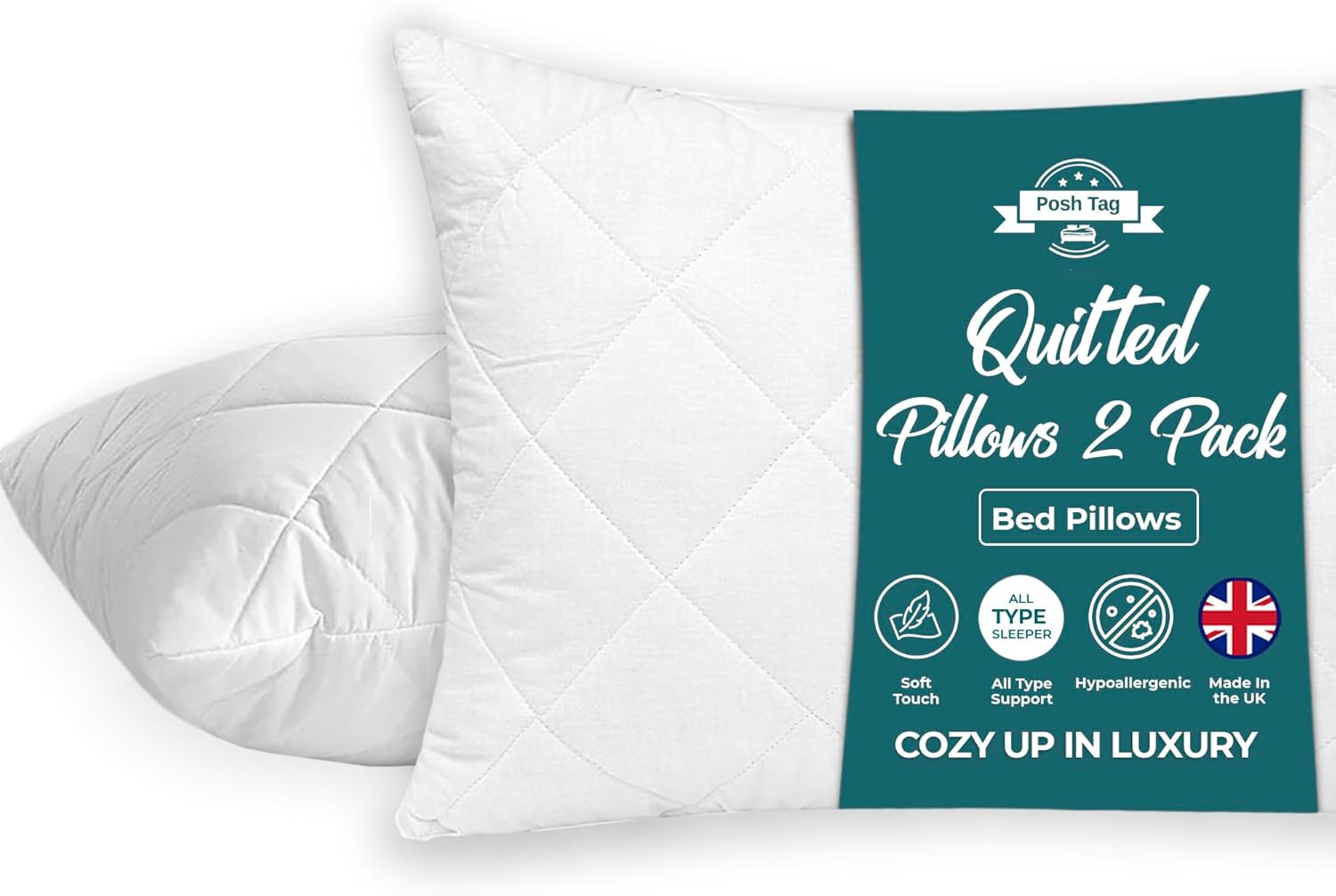 Posh Tag Quilted Pillows 2 Pack Hollow Fiber Filled Comfortable & Breathable Non-Allergenic Pillows Hotel Quality, Hypoallergenic, Back and Down Support Alternative Pillows Bed Pillow 48 x 74
