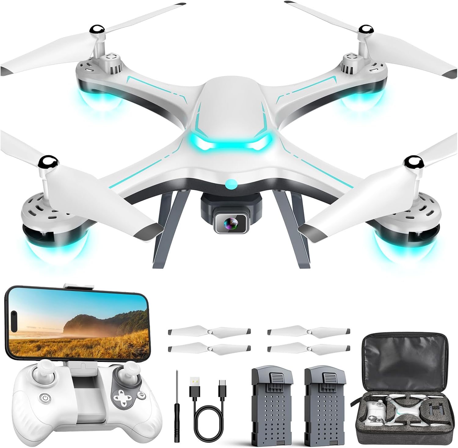 Drone with 1080P Camera for Beginners, Remote Control Quadcopter with Gestures Selfie, Altitude Hold, One Key Start, 3D Flips, 2 Batteries, Toy for Beginners, White