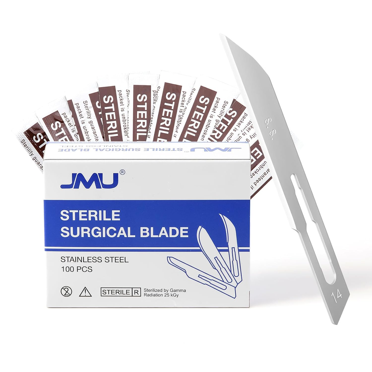 JMU 100pcs Sterile Surgical Blades #14, Stainless Steel Scalpel Blades, Individually Foil Wrapped