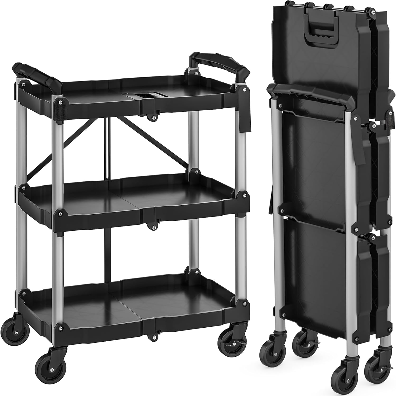 YITAHOME 240LBS Folding Utility Cart with Wheels, Foldable Utility Service Cart 3 Tier Collapsible Rolling Cart with 360°Swivel Wheels (2 with Brakes), Portable Cart for Home Garage Restaurant Office