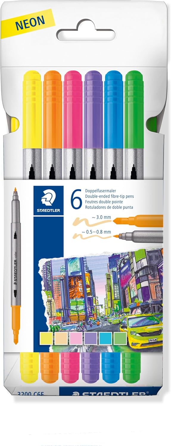 STAEDTLER Colouring Pens - Double-Ended, 0.5-3.0mm Line Width - 6 Assorted Neon Colours - Pack of 12, 3200 C6F