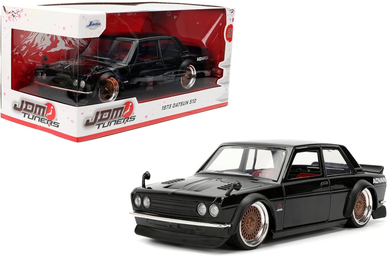 Jada Toys JDM Tuners 1:24 Scale Die-Cast 1973 Datsun 510 – Opening Doors, Detailed Interior, Rubber Tires, Collectible for Ages 8+(Gloss Black)