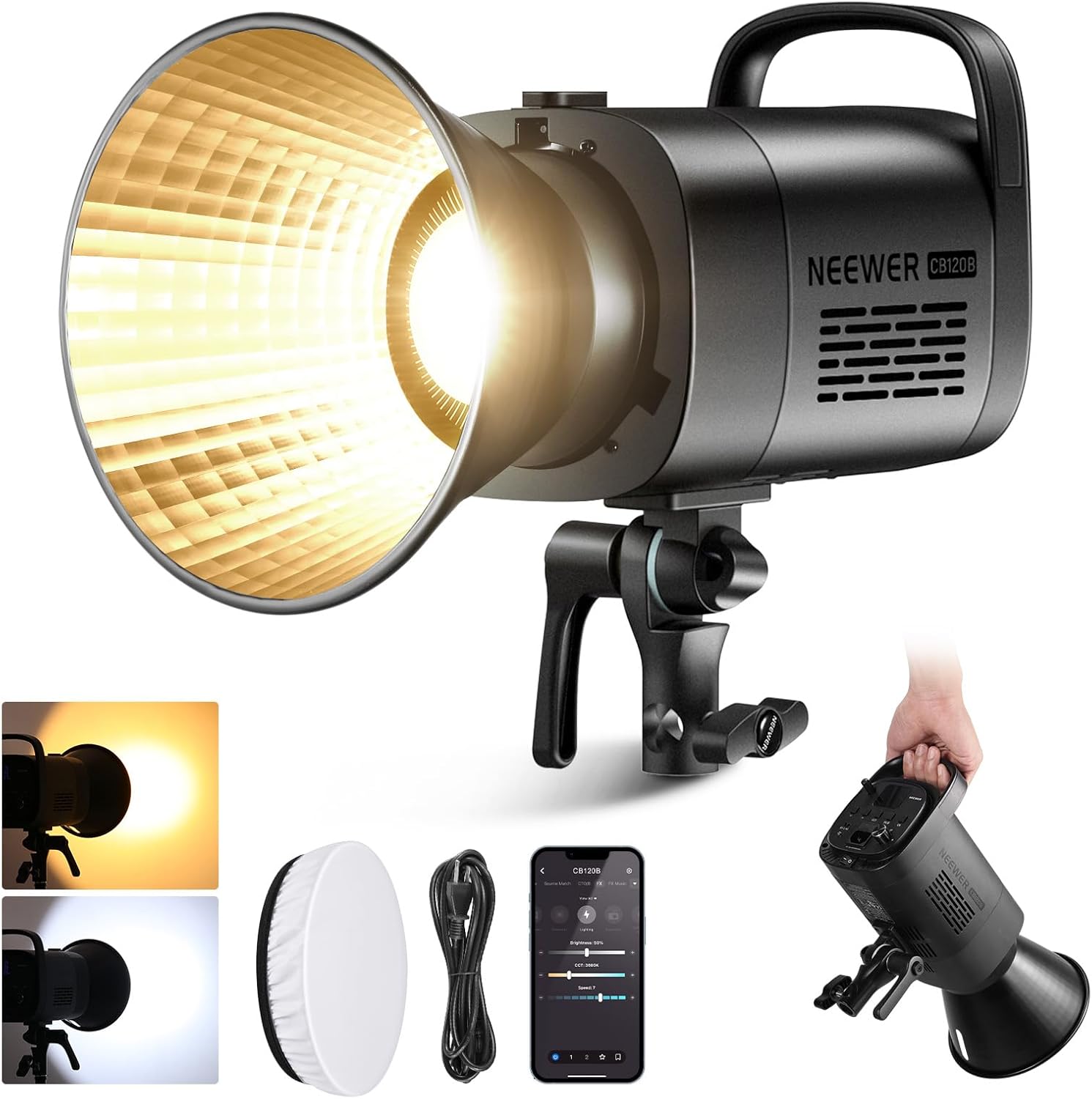 NEEWER CB120B 120W LED Video Light with 2.4G&APP Control COB Bi Color 2700K-6500K 78000lux at 1m/CCT Mode/CRI97/12 Scenes/Bowens Mount Continuous Output Lighting for Studio Photography/Video Recording
